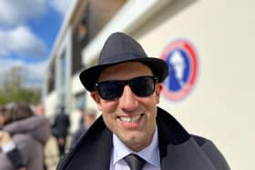 Kris Grey, the dad of Pools striker Joe Grey, joins the Blues Brothers party at Dorking Wanderers.