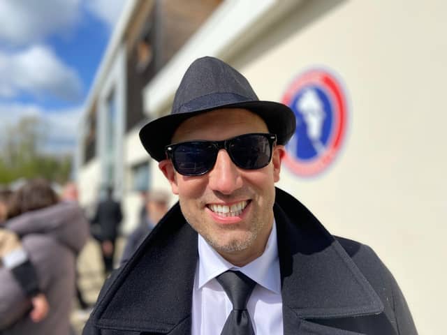 Kris Grey, the dad of Pools striker Joe Grey, joins the Blues Brothers party at Dorking Wanderers.
