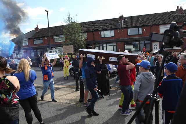 Protests against Oldham owners during the Sky Bet League 2 match between Oldham Athletic and Hartlepool United at Boundary Park, Oldham on Saturday 18th September 2021. (Credit: Mark Fletcher | MI News)