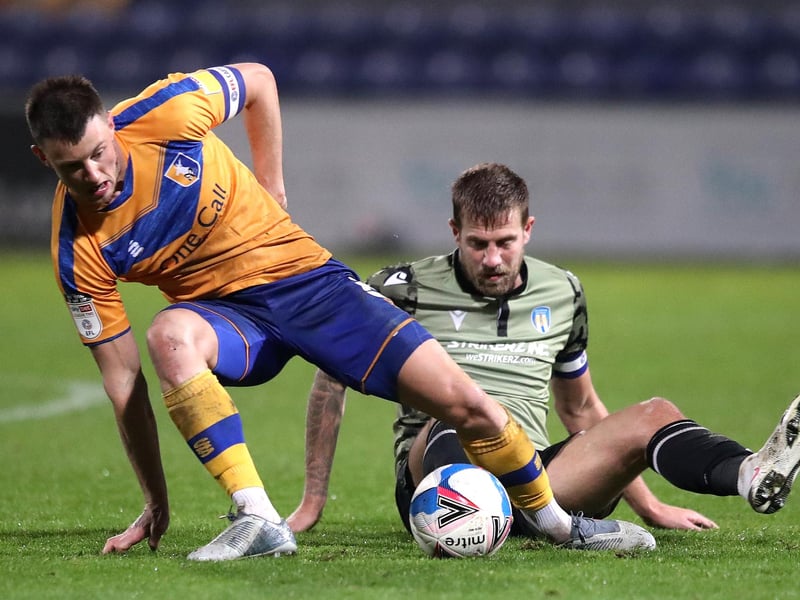 Stags skipper Ollie Clarke goes in with Harry Pell of Colchester.
