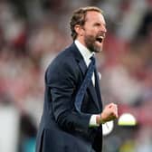 Gareth Southgate celebrates after England's semi-final win over Denmark at Euro 2020.