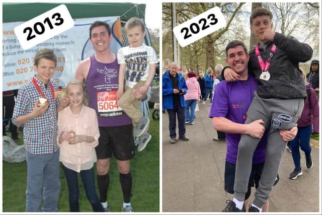 Lee recreated the picture on the left from 2013 of him lifting godson Aaron Burgon after completing the marathon ten years apart.