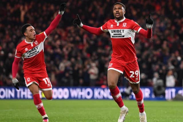 MIDDLESBROUGH, ENGLAND - MARCH 14: Middlesbrough striker Chuba Akpom celebrates after scoring the opening goal during the Sky Bet Championship between Middlesbrough and Stoke City at Riverside Stadium on March 14, 2023 in Middlesbrough, England. (Photo by Stu Forster/Getty Images)