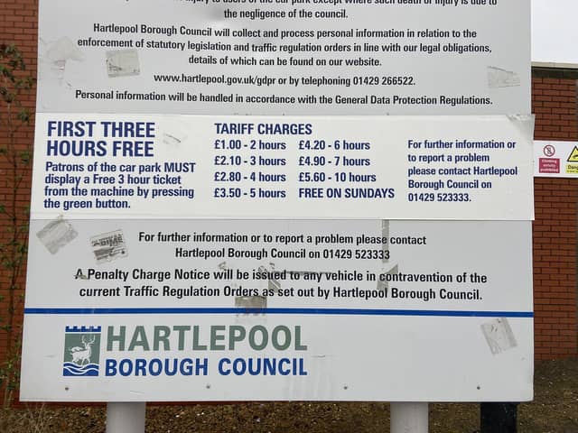 Signs advertising the free park deal in Hartlepool before it finished at the end of January.