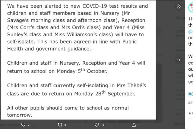 The message to parents shared on the Clavering Primary Twitter account confirming the partial year group closures following a further positive Covid-19 test results.