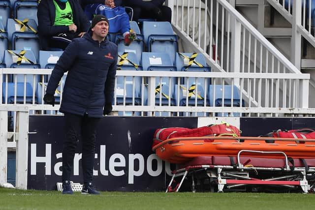 Hartlepool manager, Dave Challinor  during the Vanarama National League match between Hartlepool United and Dagenham and Redbridge at Victoria Park, Hartlepool on Friday 2nd April 2021. (Credit: Mark Fletcher | MI News)