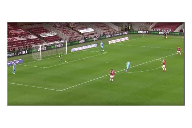 Figure One: Middlesbrough defending from the front forcing Coventry goalkeeper Marko Marosi to go long.