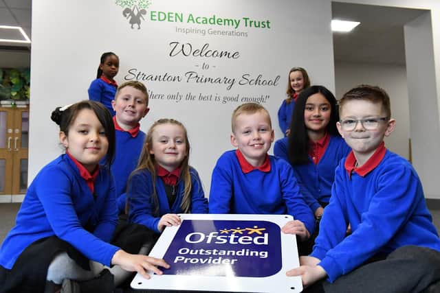 Stranton Primary School pupils celebrate their second "outstanding" Ofsted report. Pictured are Afsa Khan, Robert Bayliss Nancy Ringwood, Elizabeth Ijodunola, Charlie Bainbridge, Ollie Brook, Elana Cherifi and Eleanor Carr.