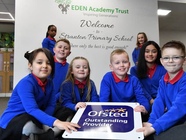 Stranton Primary School pupils celebrate their second "outstanding" Ofsted report. Pictured are Afsa Khan, Robert Bayliss Nancy Ringwood, Elizabeth Ijodunola, Charlie Bainbridge, Ollie Brook, Elana Cherifi and Eleanor Carr.