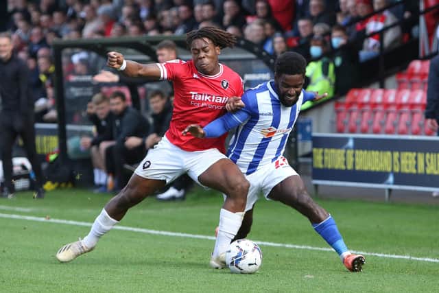 Zaine Francis-Angol of Hartlepool United and Brandon Thomas-Asante of Salford City in action during the Sky Bet League 2 match between Salford City and Hartlepool United at Moor Lane, Salford on Saturday 16th October 2021. (Credit: Will Matthews | MI News)