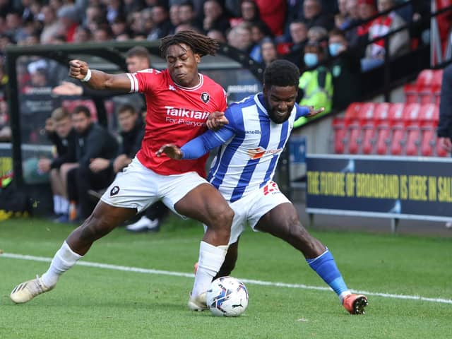 Zaine Francis-Angol of Hartlepool United and Brandon Thomas-Asante of Salford City in action during the Sky Bet League 2 match between Salford City and Hartlepool United at Moor Lane, Salford on Saturday 16th October 2021. (Credit: Will Matthews | MI News)