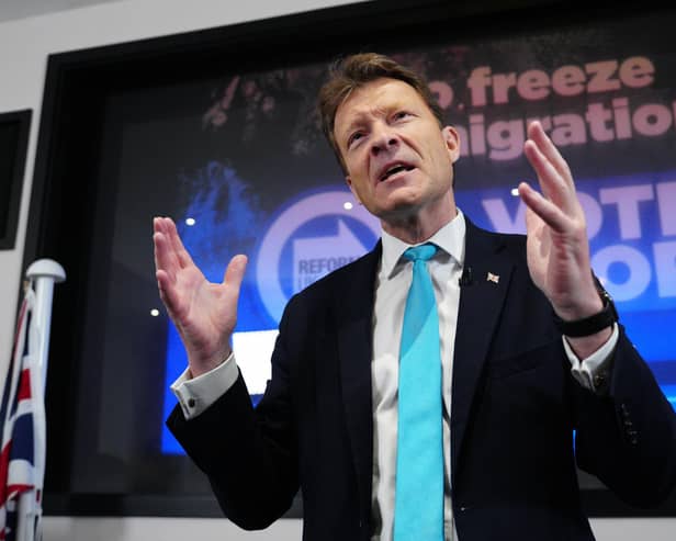 Reform UK leader Richard Tice, speaks at the launch of the Reform UK election campaign launch on May 23, 2024 in London.