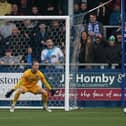 Ben Whitfield doubles the lead for Barrow at Holker Street against Hartlepool United. (Credit: Michael Driver | MI News)