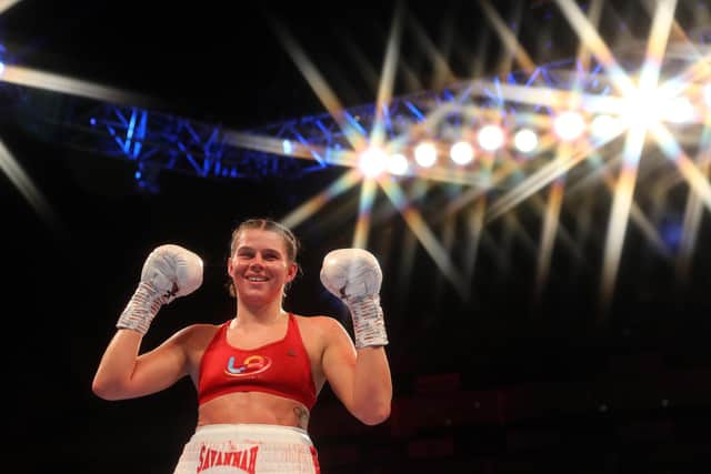 Savannah Marshall celebrates her victory during the super-middleweight contest against Daniele Bastieri.