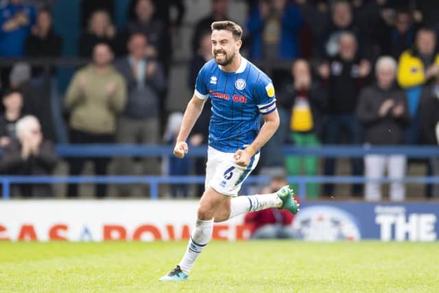 Eoghan O'Connell celebrates his goal during the League Two match between Rochdale and Hartlepool United at The Crown Oil Arena. (Credit: Mike Morese | MI New)