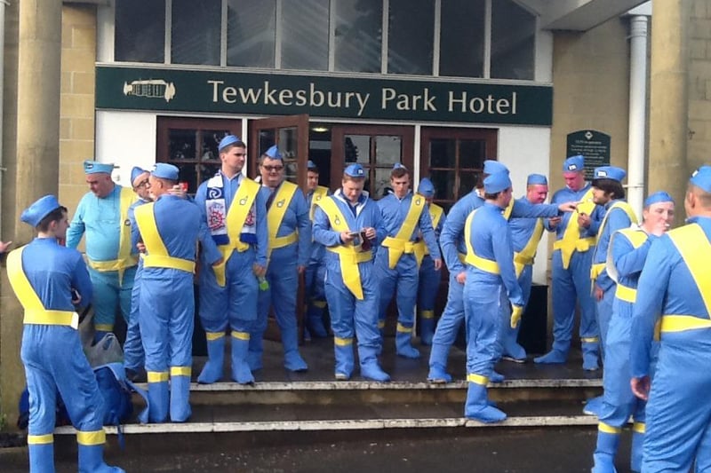 Hartlepool United fans dressed as Thunderbirds on the steps of the Tewkesbury Park Hotel as they set off for their drive to the Plymouth match in 2014. Picture by Angie Marchant.