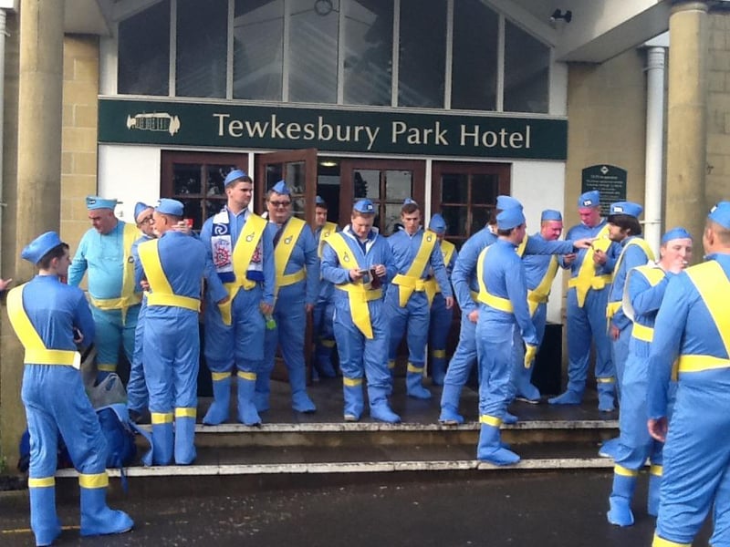 Hartlepool United fans dressed as Thunderbirds on the steps of the Tewkesbury Park Hotel as they set off for their drive to the Plymouth match in 2014. Picture by Angie Marchant.