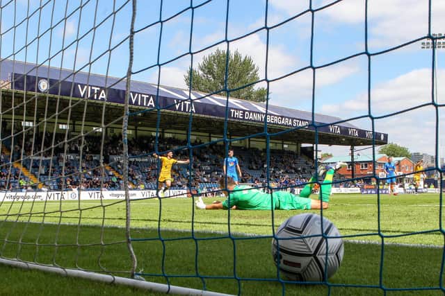 Rhys Oates of Hartlepool United shoots and scores their first goal  during the Vanarama National League match between Stockport County and Hartlepool United at the Edgeley Park Stadium, Stockport on Sunday 13th June 2021. (Credit: Mark Fletcher | MI News)