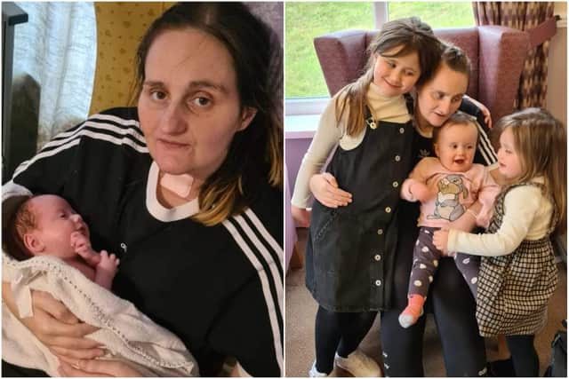 Left, Carrie-Anne Osborne with baby Storm Osborne-Duncan. Right, Carrie-Anne reunited with her children Poppy, seven, Willow, three, and Sky, one.