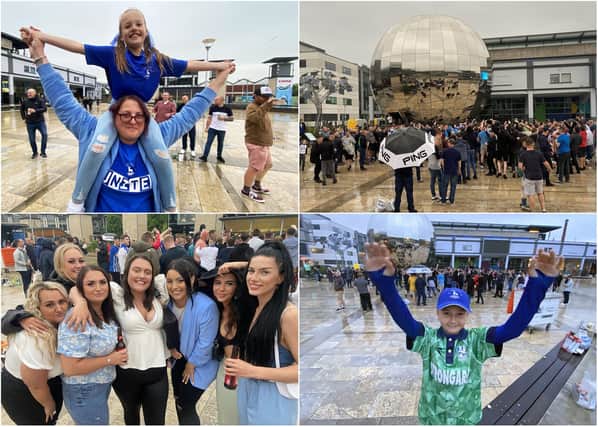 Just some of the Hartlepool United fans who congregated in Bristol's Millennium Square ahead of the club's play-off clash with Torquay United.