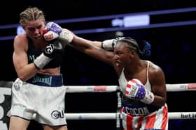 LONDON, ENGLAND - OCTOBER 15: Claressa Shields (R) punches Savannah Marshall (L) during the IBF, WBA, WBC, WBO World Middleweight Title fight at The O2 Arena in London, England. (Photo by James Chance/Getty Images)