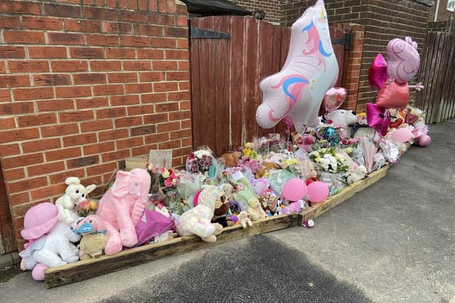Flowers and messages left outside a house in Milton Grove, Shotton Colliery, following the death of Maya Louise Chappell last month in September 2022.