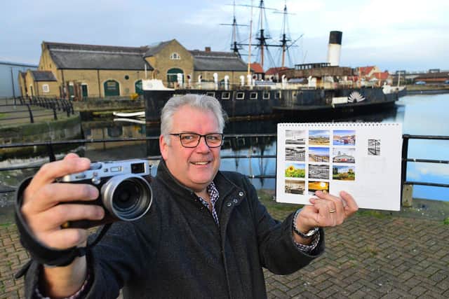 Photographer John Runciman with his 2021 calendar with the Wingfield Castle and HMS Trincomalee, which both feature among the 12 photos, behind him. Picture by FRANK REID