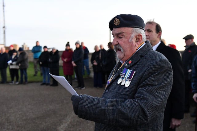 Wally Stewart, the longest serving volunteer at the Heugh Battery Museum, reads the names of those who lost their lives during the Bombardment of the Hartlepools.