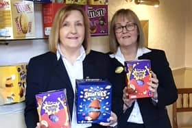Carole Lester (right) and Julia Masshedar of Masons Funeral Service with some of the Easter eggs they have collected so far.