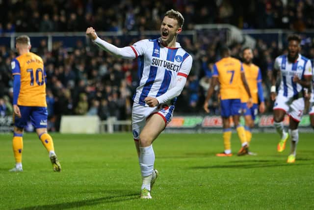 Jack Hamilton scored his first league goal for Hartlepool United against Mansfield Town. (Credit: Michael Driver | MI News)