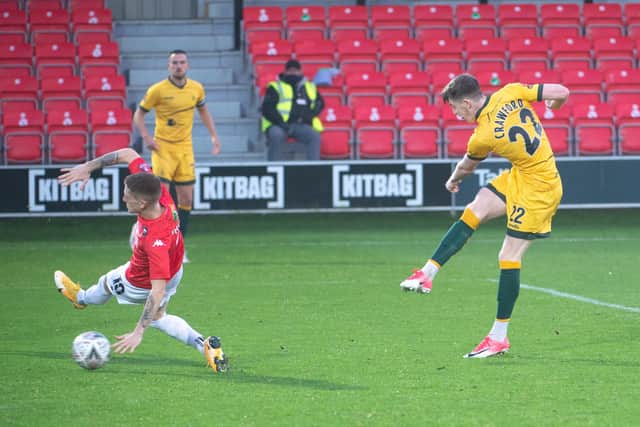 Tom Crawford of Hartlepool Utd FC  tries a shot on goal during the FA Cup match between Salford City and Hartlepool United at Moor Lane, Salford on Saturday 7th November 2020. (Credit: Ian Charles | MI News)