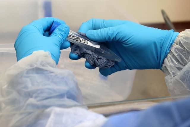 A laboratory technician wearing full PPE (personal protective equipment) cleans a test tube containing a live sample taken from people tested for the novel coronavirus, at a new Lighthouse Lab facility dedicated to testing for COVID-19. Photo by ANDREW MILLIGAN/POOL/AFP via Getty Images.