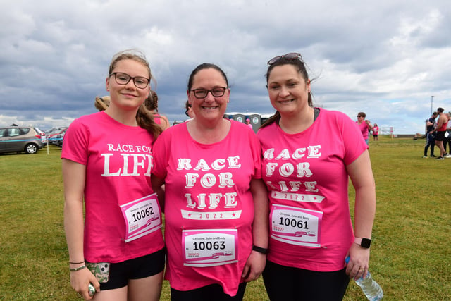 Left to right: Emily Benvib, Julie Brown and Christine Noble at the Race for Life.