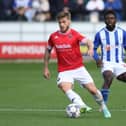 Conor McAleny of Salford City in action with Hartlepool United's Zaine Francis-Angol during the Sky Bet League 2 match between Salford City and Hartlepool United at Moor Lane, Salford on Saturday 16th October 2021. (Credit: Will Matthews | MI News)