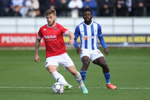 Conor McAleny of Salford City in action with Hartlepool United's Zaine Francis-Angol during the Sky Bet League 2 match between Salford City and Hartlepool United at Moor Lane, Salford on Saturday 16th October 2021. (Credit: Will Matthews | MI News)