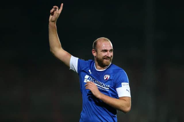 Tom Denton celebrates scoring for Chesterfield (Photo by Lewis Storey/Getty Images)