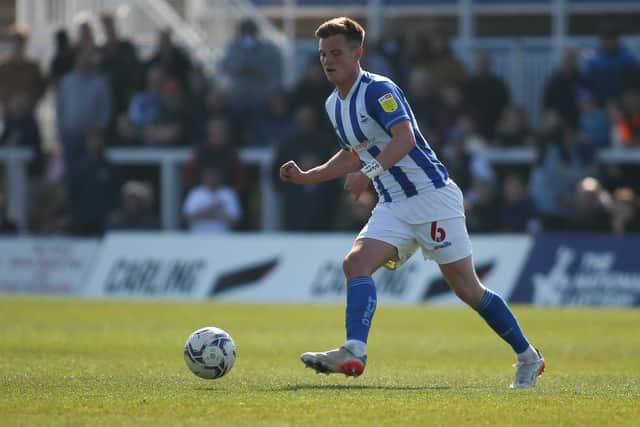 Hartlepool United's Mark Shelton in action against Swindon Town. (Credit: Michael Driver | MI News)