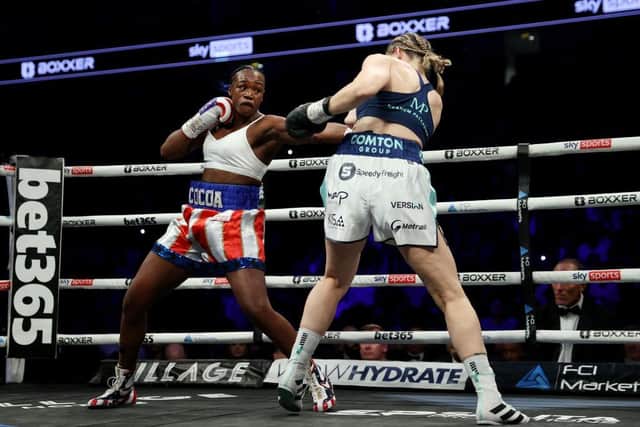 LONDON, ENGLAND - OCTOBER 15: Claressa Shields (L) punches Savannah Marshall (R) during the IBF, WBA, WBC, WBO World Middleweight Title fight between Claressa Shields and Savannah Marshall on the Shields vs Marshall Boxxer fight night. (Photo by James Chance/Getty Images)