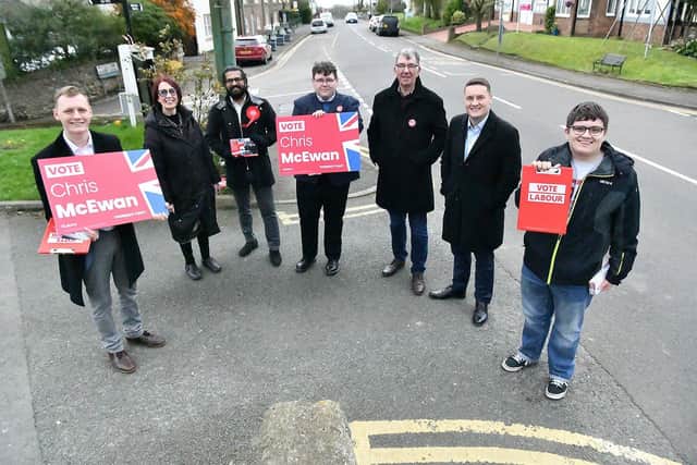 Labour's shadow health minister Wes Streeting (second right) with Tees Valley Mayor candidate Chris McEwan and party members in Hart village.