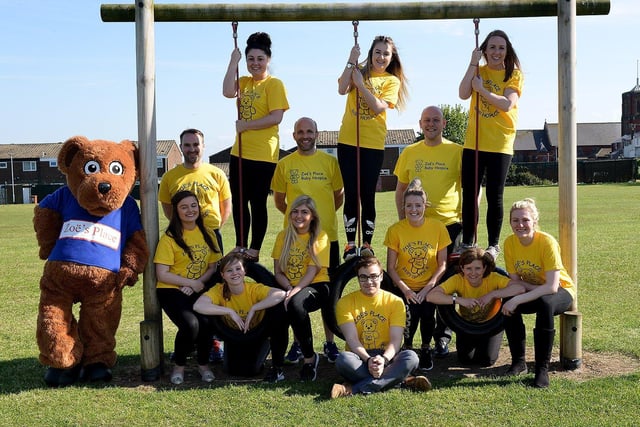 Stranton Primary School staff Rebecca See, Thomas Hardwick, Anthony Emms, Phil Pritchard, Lauren Greenan, Sian Weatherall, Neil Nottingham, Abigail Gretton, Sophie Hartshore, Andrea Windram, Chelsea Campbell, Amy Lockwood and Ellie Tyers get sporty with the mascot from Zoe's Place in 2017.