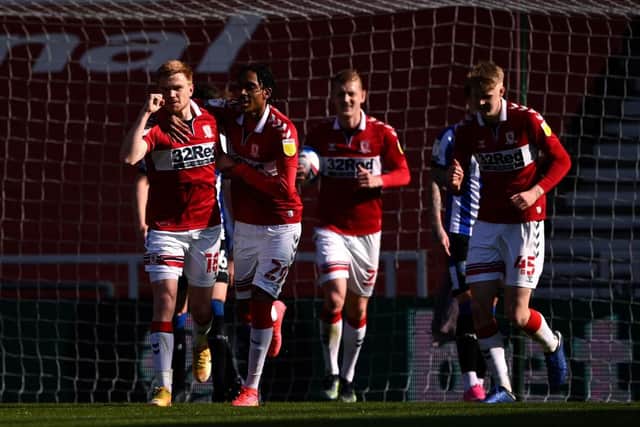 Duncan Watmore of Middlesbrough celebrates after scoring their team's third goal against Sheffield Wednesday.