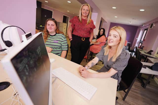 Sarah Thorpe (second left) from funder UKSE with (from left) Hannah Cawley, Angela Carter and Sam Hunter of The Big League CIC in the new Advice Hub set up to help Hartlepool’s young unemployed.
