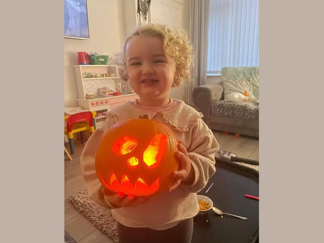 Elodie, age 2, shows off her pumpkin creation! Well done! Celebrating National Pumpkin Day and Halloween with Laura Forbes and Elodie.