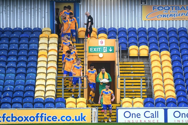 The strangest of sights as Stags get changed in the Ian Greaves Stand and make their way onto the pitch through the seats.