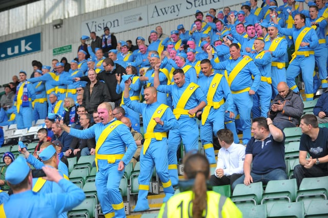Hartlepool United supporters in their Thunderbirds fancy dress at Plymouth Argyle. Picture by FRANK REID