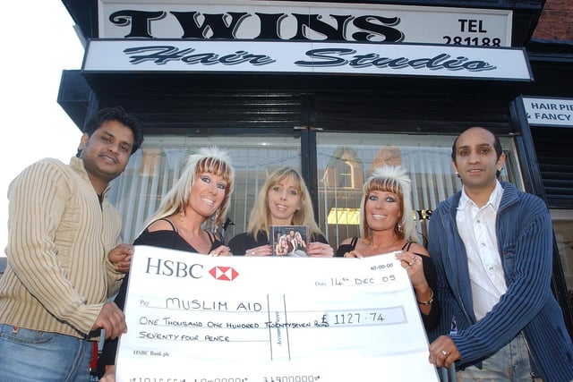 Twins unisex hairdressers in Murray Street presented money to a Pakistan earthquake appeal in 2005.