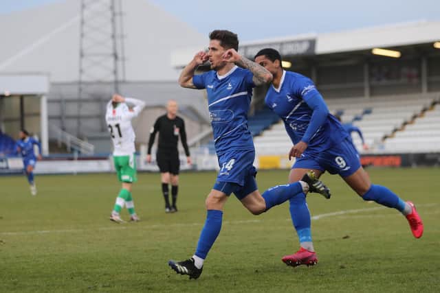 Hartlepool United's Gavan Holohan celebrates after scoring their second goal    during the Vanarama National League match between Hartlepool United and Yeovil Town at Victoria Park, Hartlepool on Saturday 20th February 2021. (Credit: Mark Fletcher | MI News)