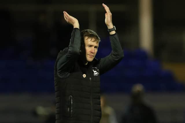 Antony Sweeney, Hartlepool United Interim Manager, applauds supporters during the FA Cup match between Hartlepool United and Wycombe Wanderers at Victoria Park, Hartlepool on Saturday 6th November 2021. (Credit: Will Matthews | MI News)