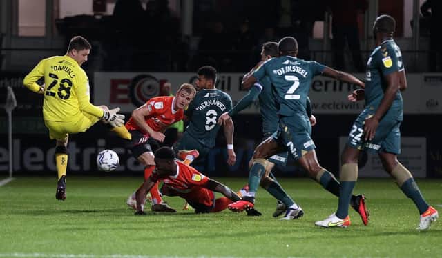 James Bree of Luton Town has a shot saved by Luke Daniels of Middlesbrough. (Photo by Alex Pantling/Getty Images)
