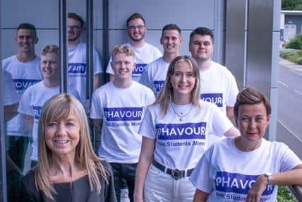 Joan Cook of UKSE (front) with members of the expanding team at Phavour.  From back: Lliam Casey, Ryan Tuck, Adam Gray, Charlie Eve, Emelia Powell and Jo Elliott.